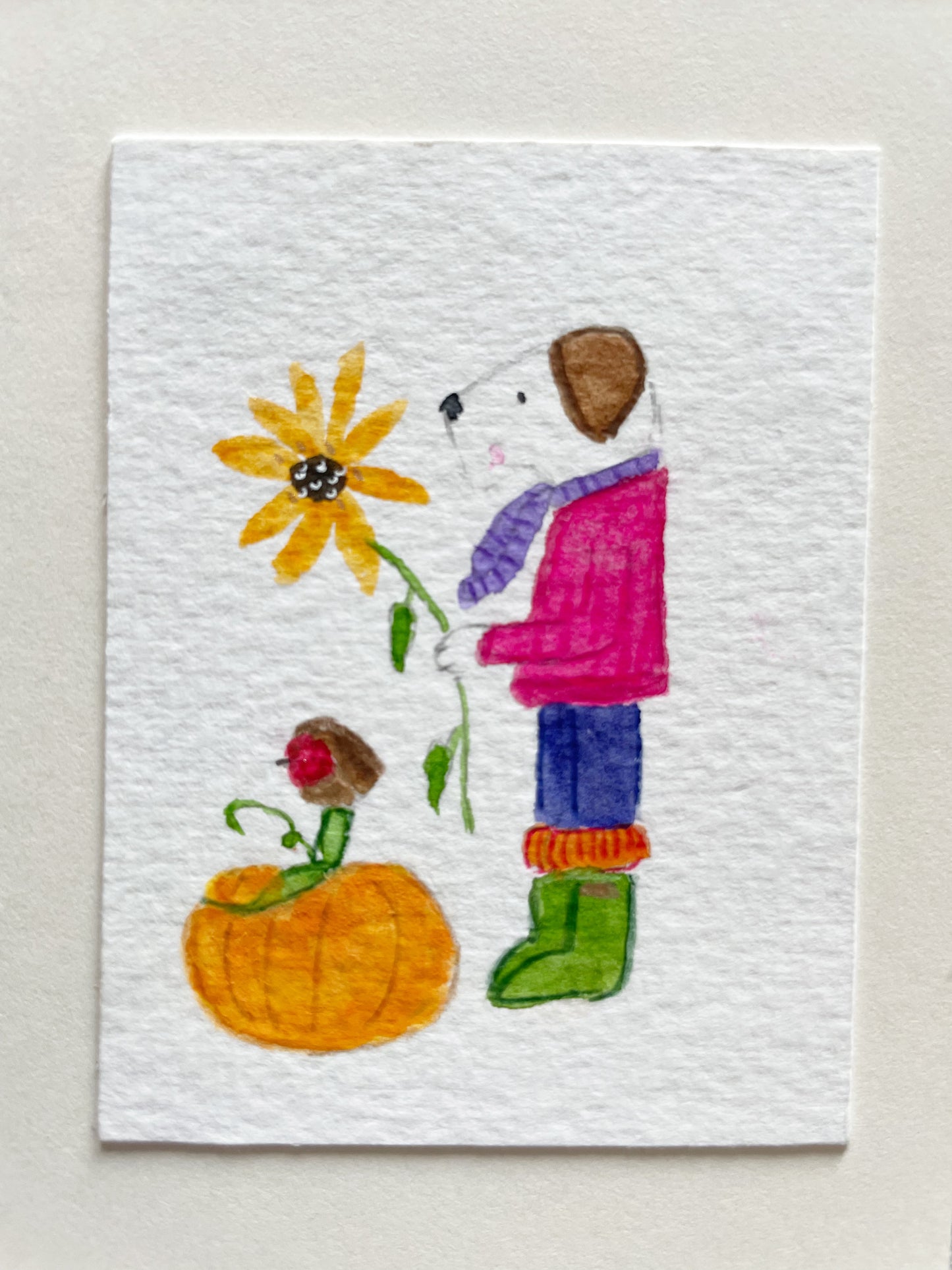 Sunflower and Pumpkin Terrier Watercolour Card